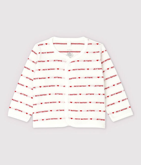 Petit Bateau Babies' Organic Cotton Cardigan With Woven "Je t'aime" MARSHMALLOW white/TERKUIT red