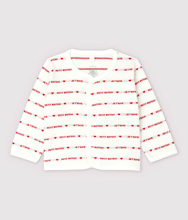 Petit Bateau Babies' Organic Cotton Cardigan With Woven Je t'aime white/red