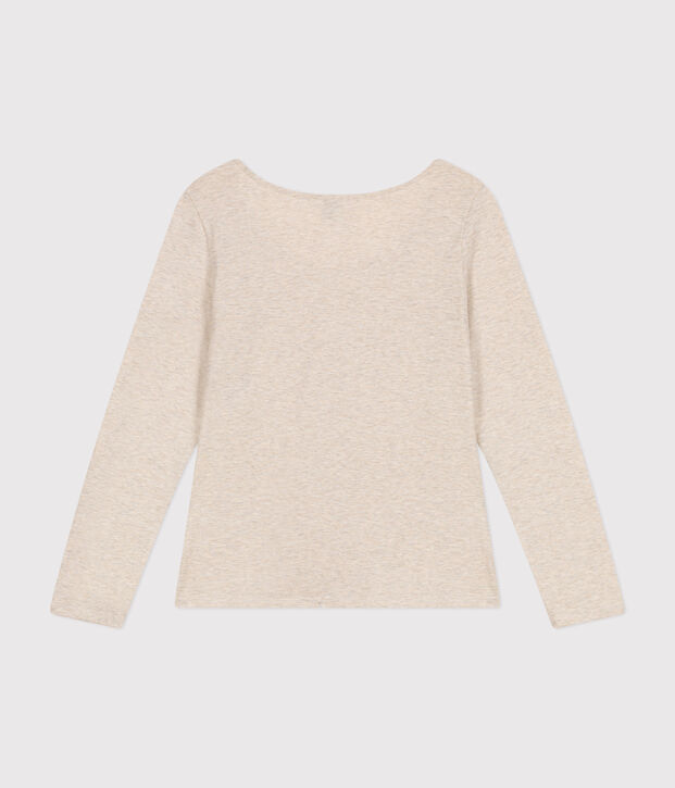 Women's Straight long-sleeved scoop neck T-shirt in slub jersey beige