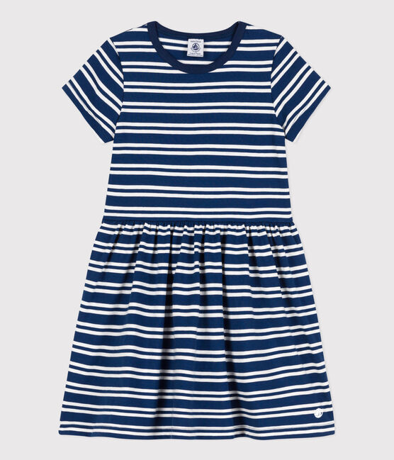 Girls' Stripy Short-Sleeved Cotton Dress MEDIEVAL blue/MARSHMALLOW white
