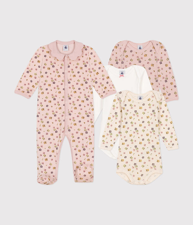Babies' gift set containing pyjamas and three floral bodysuits multicolor