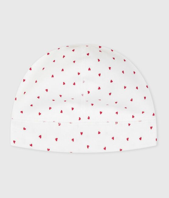 Newborn cotton beanie with a heart print MARSHMALLOW white/TERKUIT red