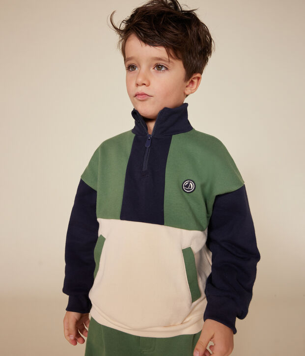 Little boys' shawl collar fleece sweatshirt Ecru/multicolor