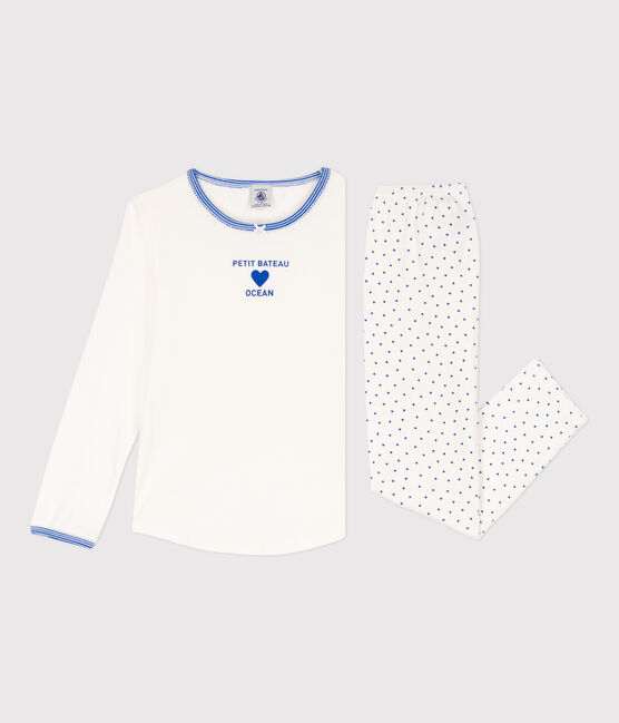 Girls' Cotton Pyjamas MARSHMALLOW white/PERSE blue