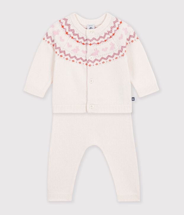 Jacquard knit outfit for babies Ecru/pink