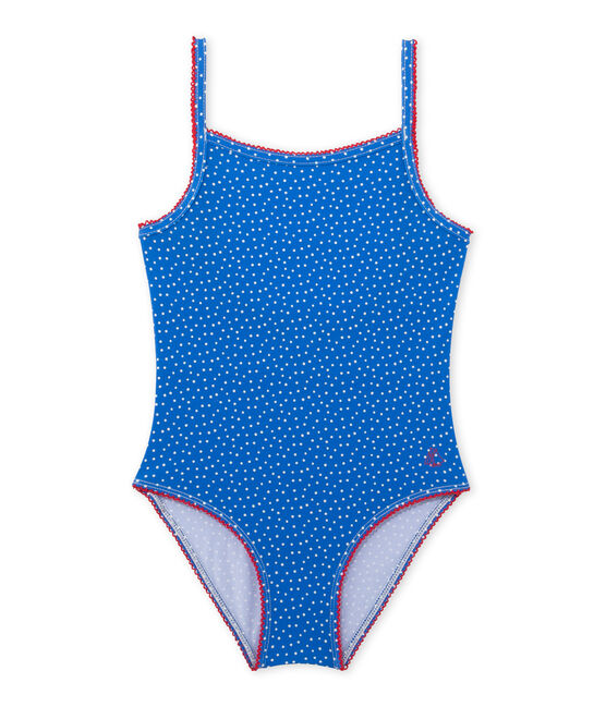 Girls' one-piece polka dot swimsuit DELFT blue/LAIT white