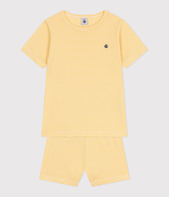 Children's short stripy cotton pyjamas BLE yellow/MARSHMALLOW white