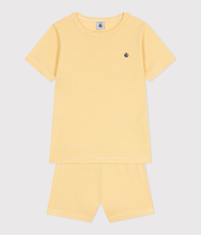 Children's short stripy cotton pyjamas yellow/white