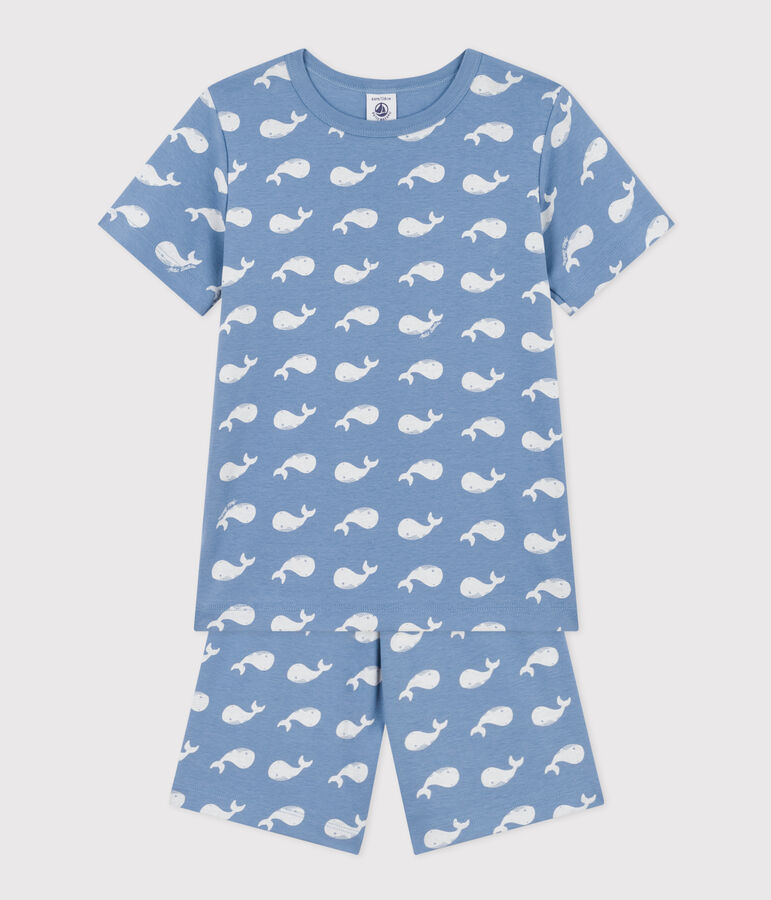 Children's Short Cotton Whale Print Pyjamas BEACH blue/MARSHMALLOW