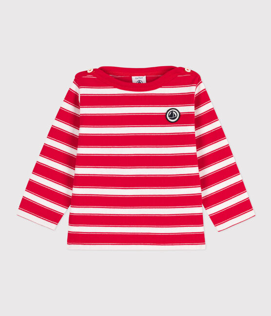Babies' Thick Stripy Jersey Breton Top PEPS red/MARSHMALLOW white