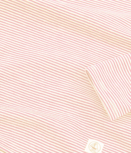 Girls' Pinstriped Long-Sleeved Wool and Cotton T-Shirt CHARME pink/MARSHMALLOW white