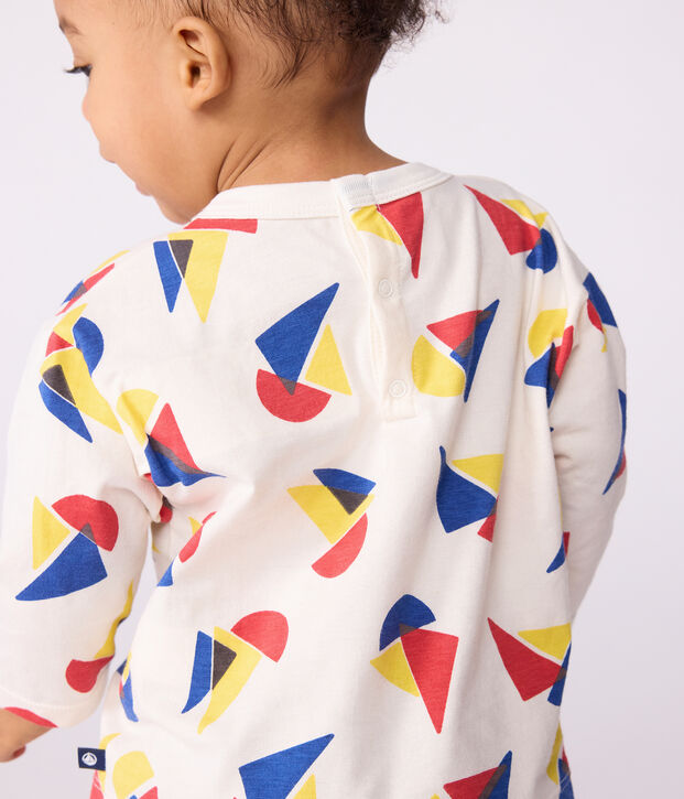 Babies' long-sleeved boat-print cotton T-shirt Ecru/multicolor
