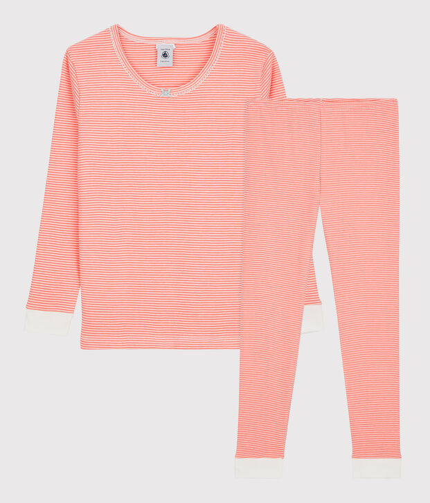 Girls' Snugfit Pinstriped Cotton Pyjamas orange/white