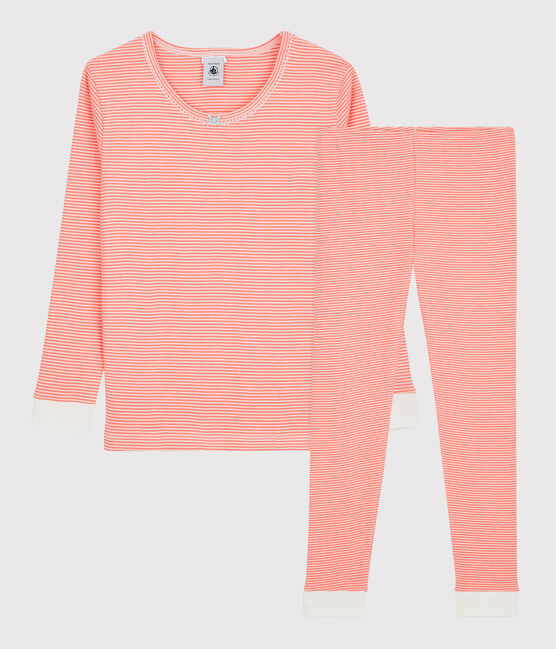 Girls' Snugfit Pinstriped Cotton Pyjamas PEACHY pink/MARSHMALLOW white