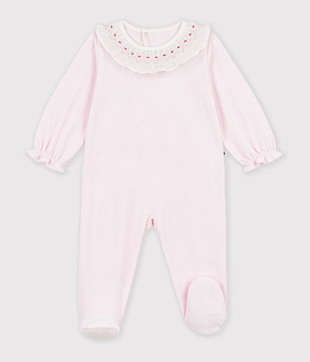 Babies' plain velour pyjama suit with a ruff and a back opening BARELY