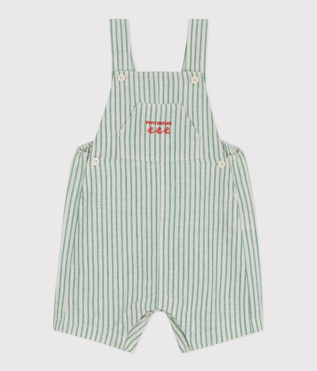Babies' short-legged stripy cotton/linen dungarees green/green