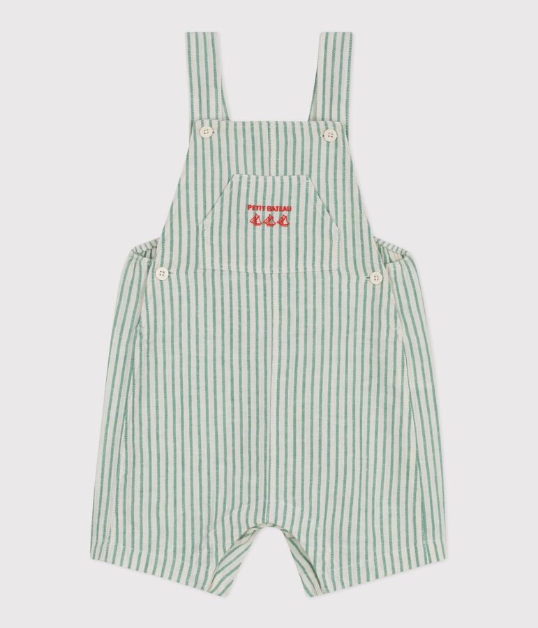 Babies' short-legged stripy cotton/linen dungarees green/green