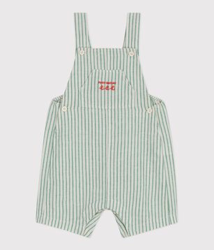 Babies' short-legged stripy cotton/linen dungarees green/green
