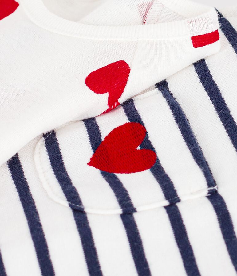 Babies' stripy dungarees/body set featuring a body printed with hearts MARSHMALLOW white/SMOKING blue