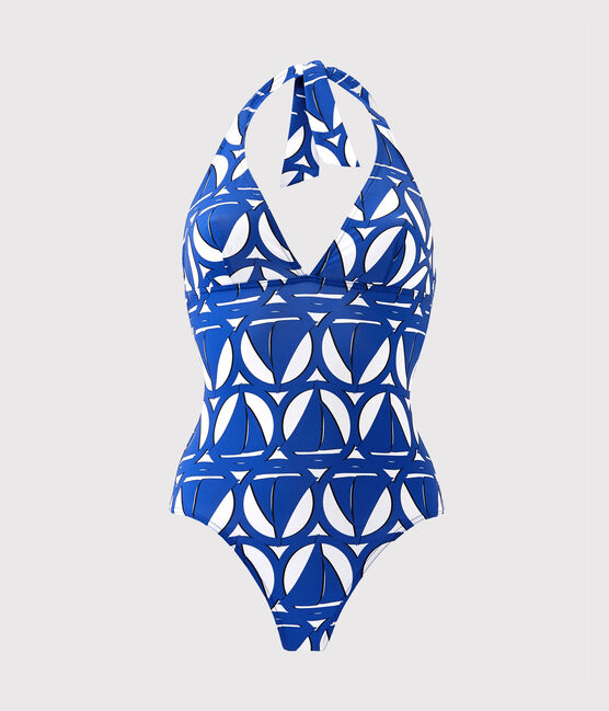 Women's printed one-piece swimsuit MARSHMALLOW white/PERSE blue/MULTICO