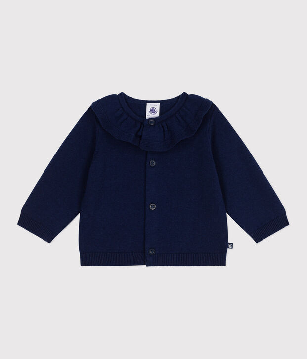 Babies' plain wool and cotton knit cardigan with a collar blue