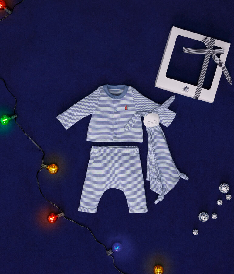 Babies' three-piece set in cotton blue/white