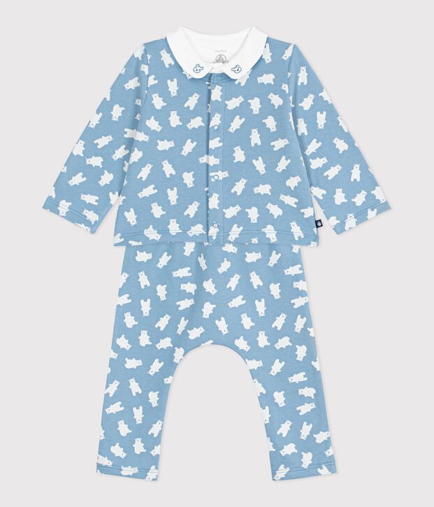 Babies' three-piece bear print set, including a body with an embroidered collar blue/multicolor