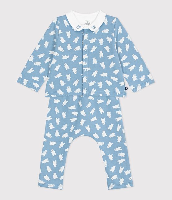 Babies' three-piece bear print set, including a body with an embroidered collar ADRIATIC blue/MULTICO