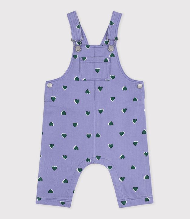 Babies' dungarees in serge with long legs and a heart print purple/multicolor