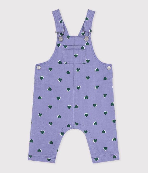 Babies' dungarees in serge with long legs and a heart print purple/multicolor