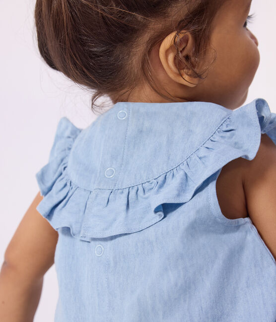 Babies' sleeveless blouse in embroidered cotton chambray BLEU CLAIR blue