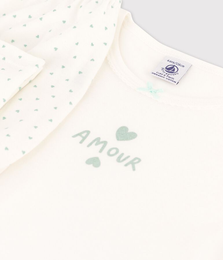 Girls' Small Heart Pattern Cotton Pyjamas white/green