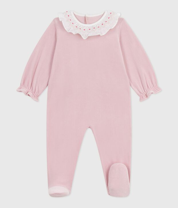 Babies' plain velour pyjama suit with a back opening pink