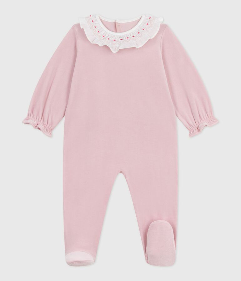 Babies' plain velour pyjama suit with a back opening pink