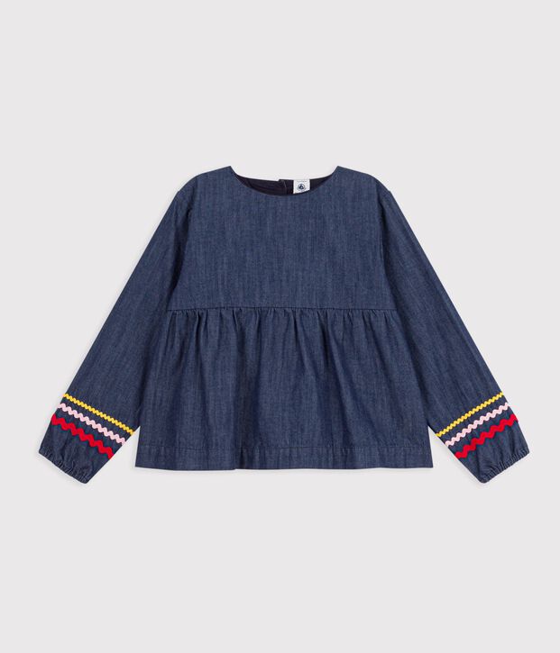 Girls' long-sleeved plain denim blouse blue
