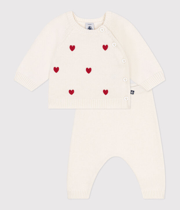 Babies' two-piece knitted outfit with embroidered hearts red/red