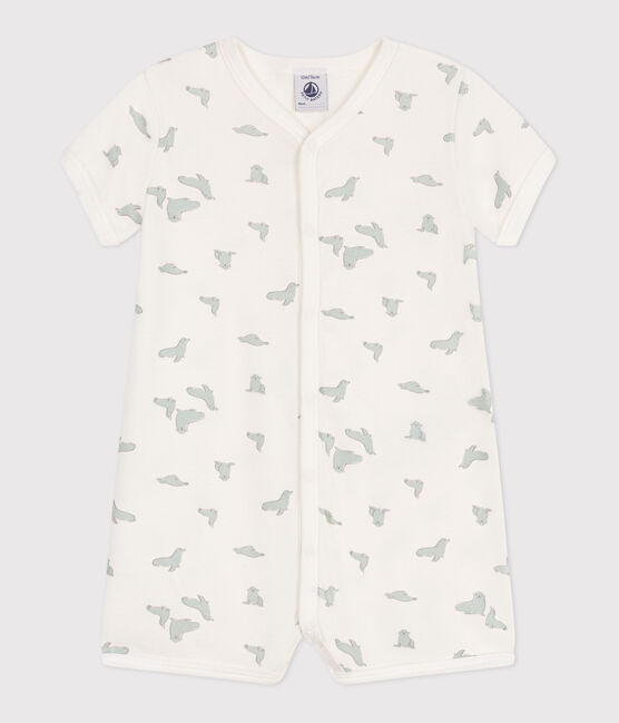Babies' short cotton whale pattern jumpsuit MARSHMALLOW white/MULTICO white