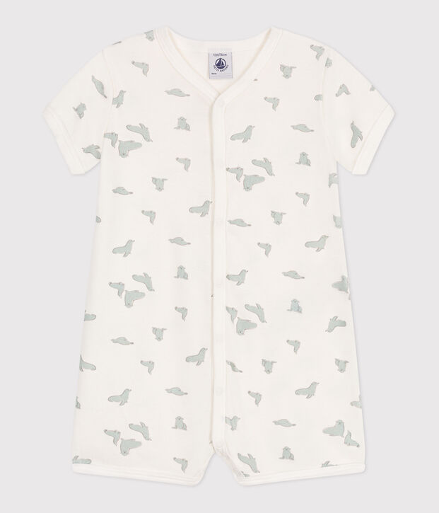 Babies' short cotton whale pattern jumpsuit white/multicolor