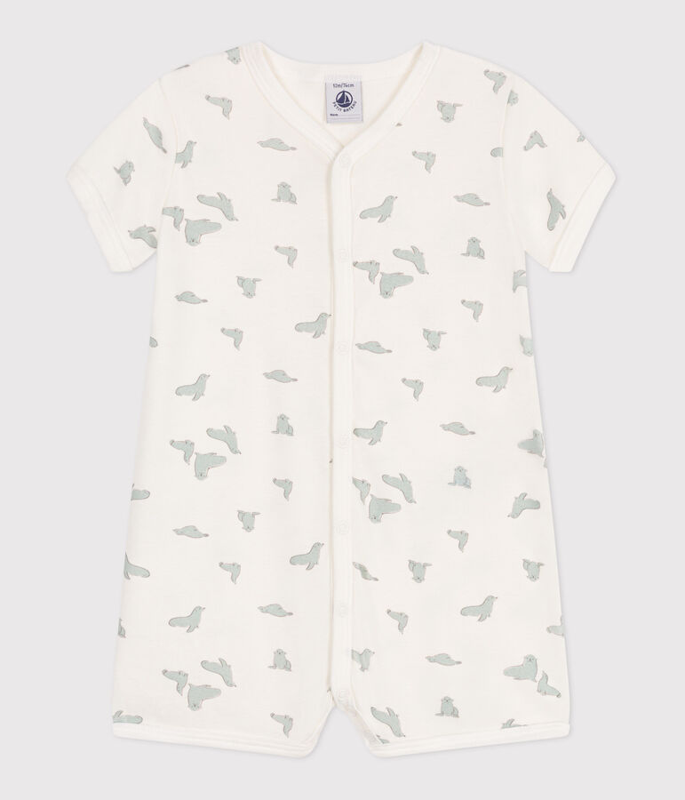 Babies' short cotton whale pattern jumpsuit white/multicolor