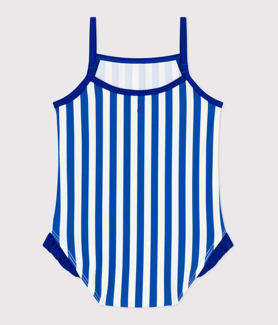 Babies' one-piece swimsuit with frills and a stripy print. SURF blue/MARSHMALLOW white
