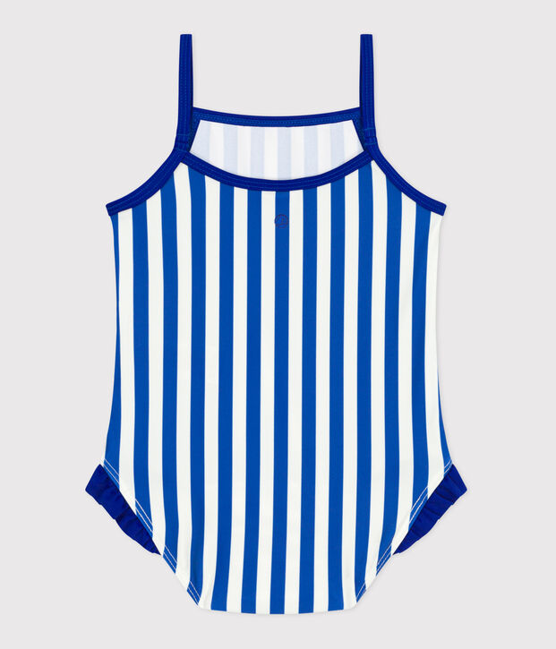 Babies' one-piece swimsuit with frills and a stripy print. blue/white