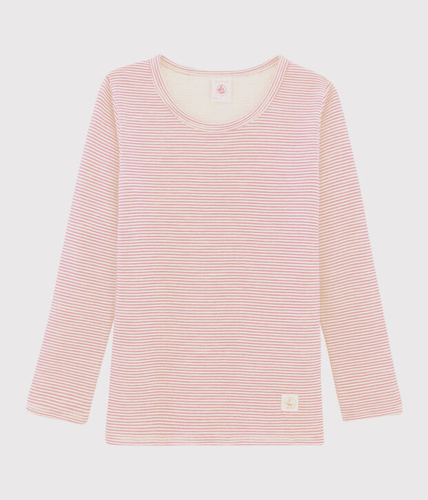 Girls' Pinstriped Long-Sleeved Wool and Cotton T-Shirt pink/white
