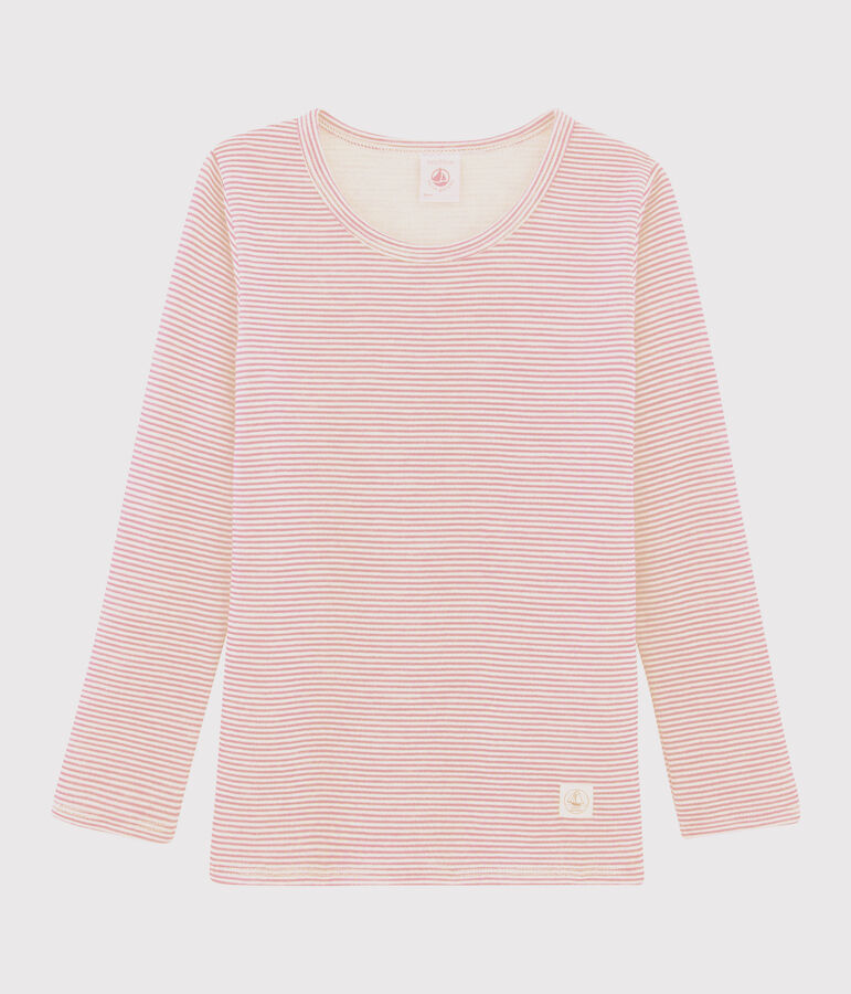 Girls' Pinstriped Long-Sleeved Wool and Cotton T-Shirt CHARME pink/MARSHMALLOW white