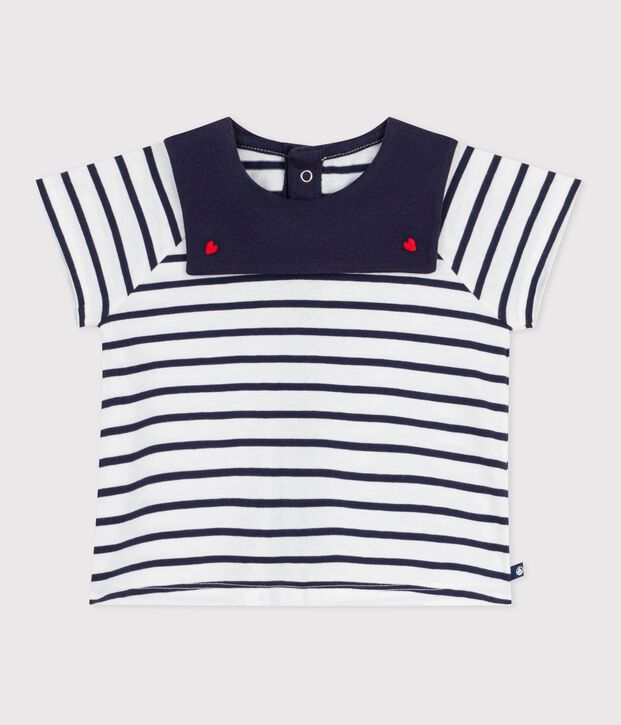 Babies' blouse in Breton stripe cotton with an embroidered collar white/blue