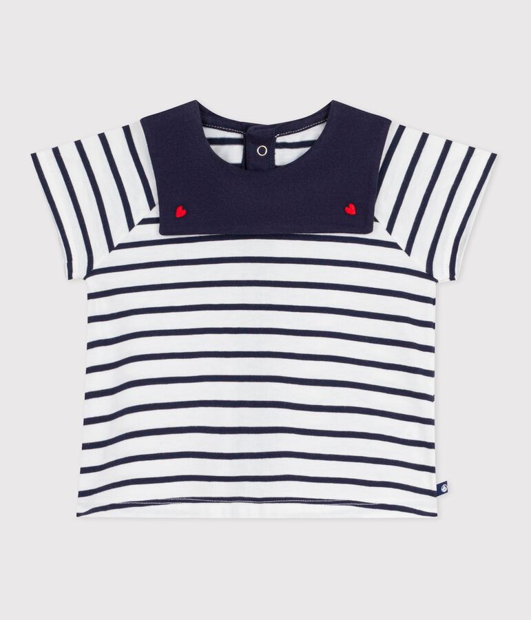 Babies' blouse in Breton stripe cotton with an embroidered collar MARSHMALLOW white/SMOKING blue