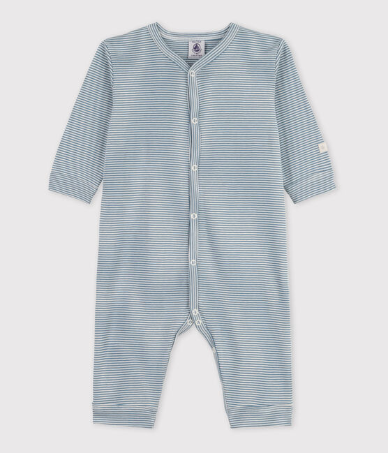 Babies' Footless Pinstriped Cotton Sleepsuit ROVER blue/MARSHMALLOW white