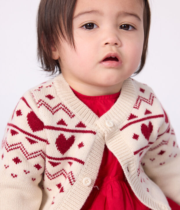 Babies' heart-pattern wool and cotton knit cardigan Ecru/red