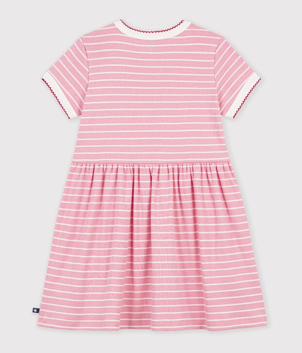 Children's short-sleeved stripy cotton dress pink/white