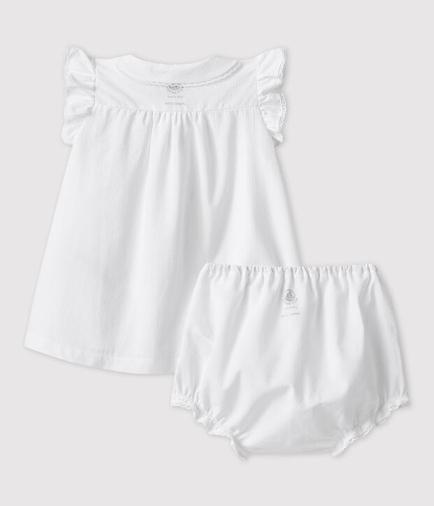 Baby Girls' Short-Sleeved Organic Cotton Poplin Dress with Bloomers white