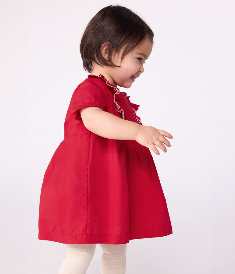 Babies' short-sleeved plain cotton dress with matching bloomers red